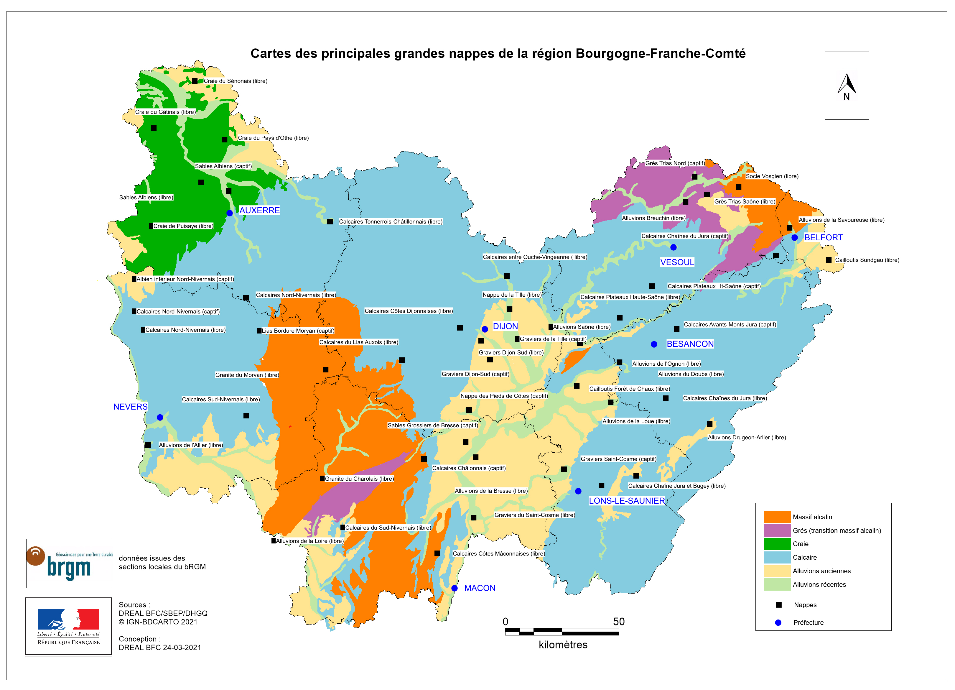 géologie simplifiée et principales nappes phréatiques en Bourgogne Franche-Comté